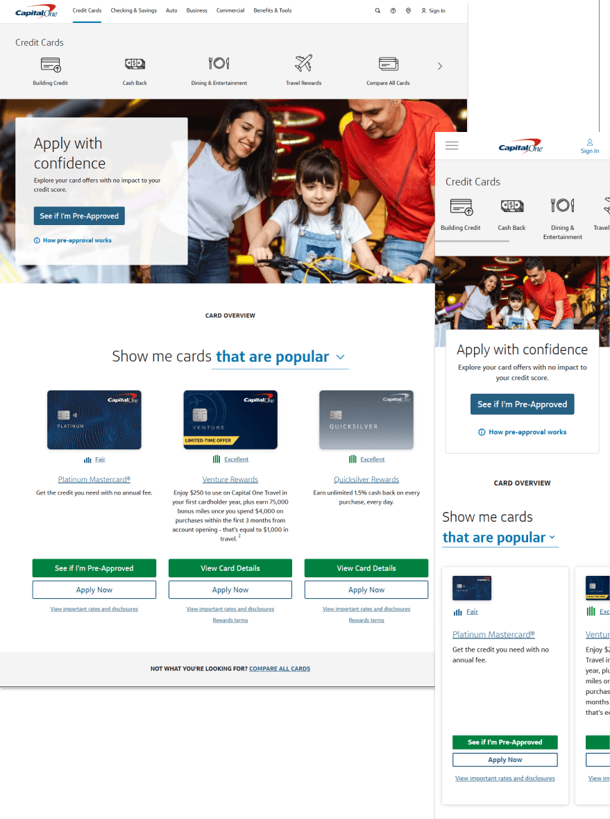 Capital One credit card homepage, desktop and mobile