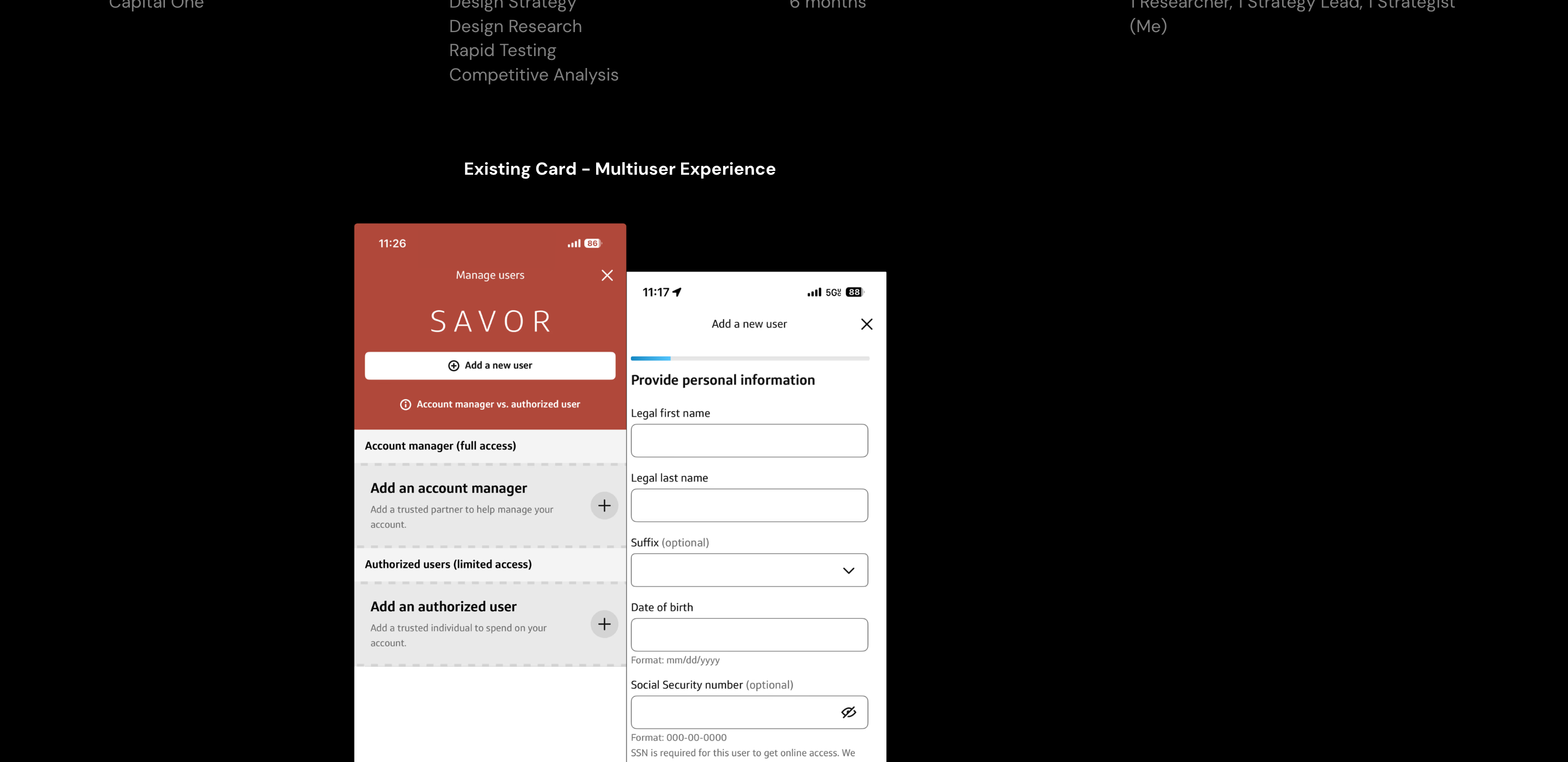 Existing Savor card multi-user experience — Manage users and Add a new user flows